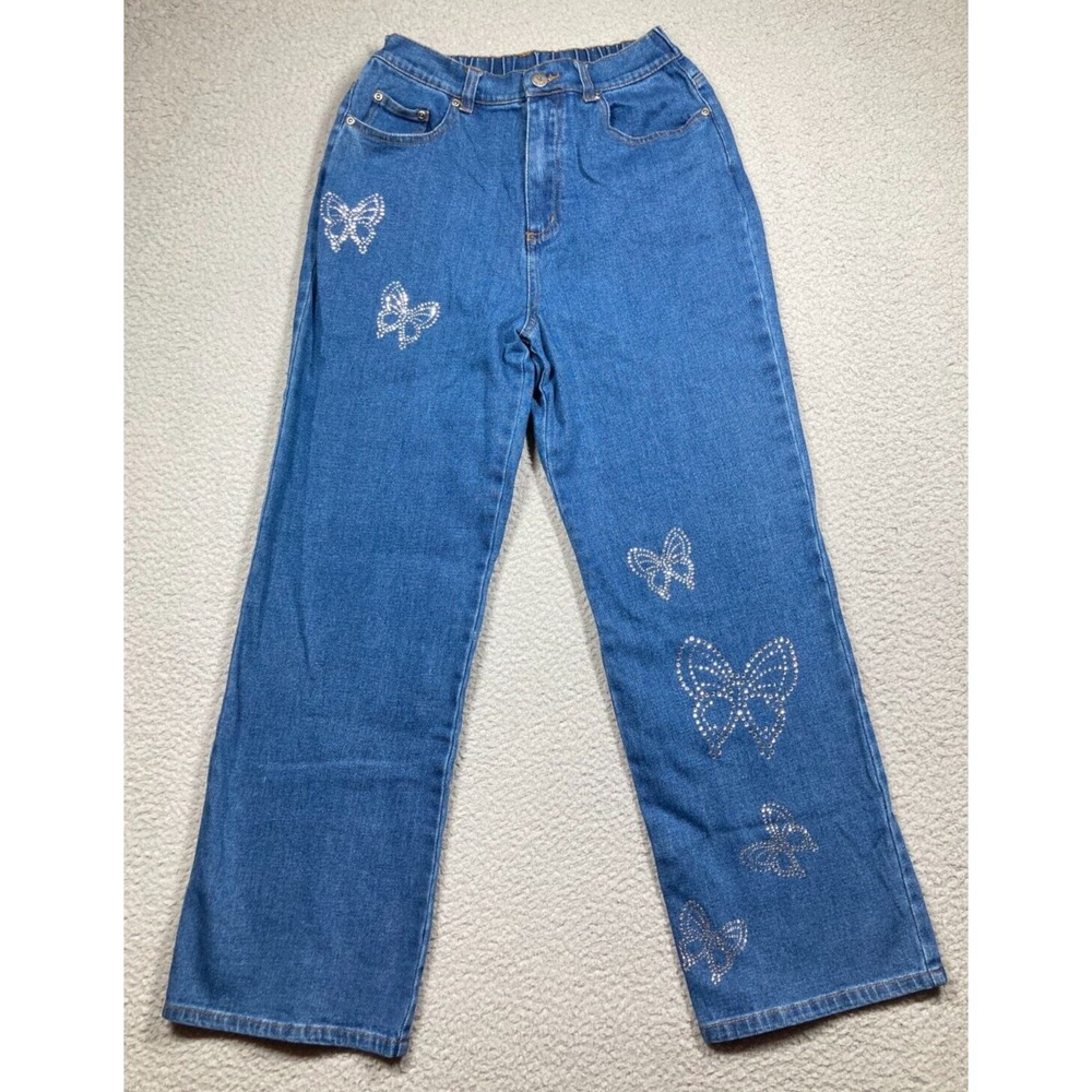 Quacker Factory Butterfly Jeans Womens Small Petite Blue Rhinestone Straight Leg
